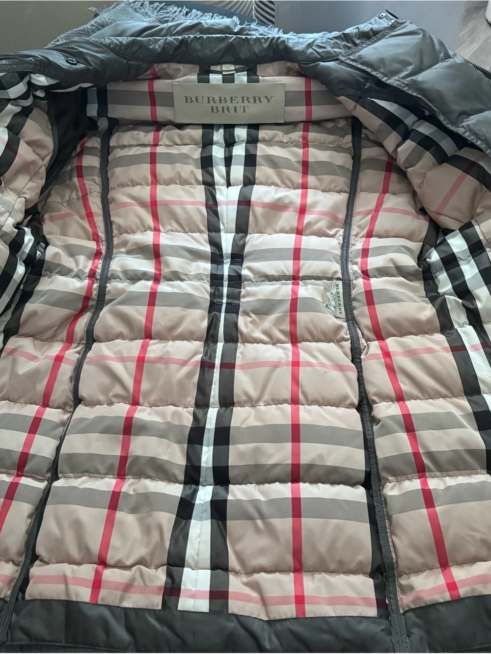 Burberry Brit Belted Down Puffer Trench Coat Nova Check Lined Gray XL 44 - Picture 4 of 11